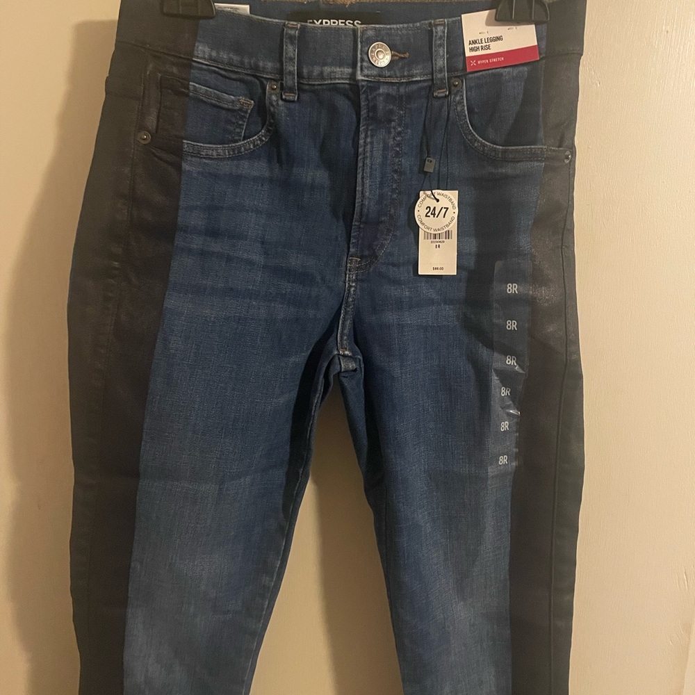 Express High Rise Ankle Legging Jeans in Blue with Black Stripe.